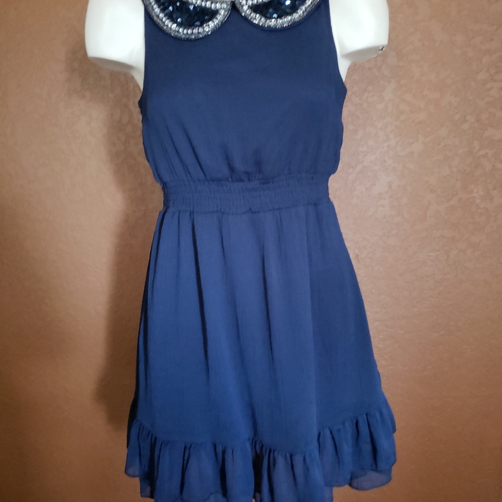 American Rag Beautiful Navy Blue Crepe Sequined Sleeveless Dress Size S